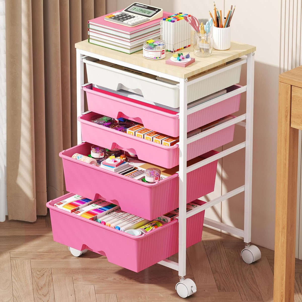 Goovilla Rolling Cart with 5 Drawers for Craft, Art, Dorm, Office, Pink