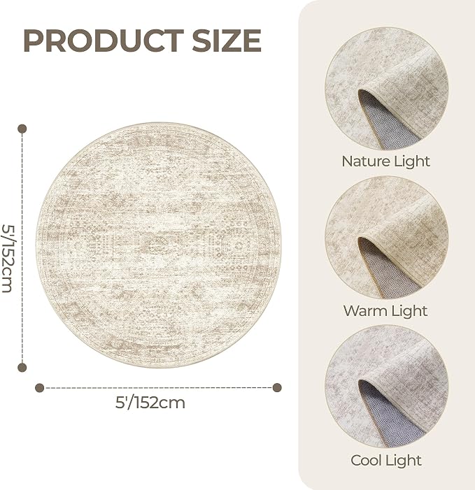 Round Rug 5ft, Washable Circle Rug
