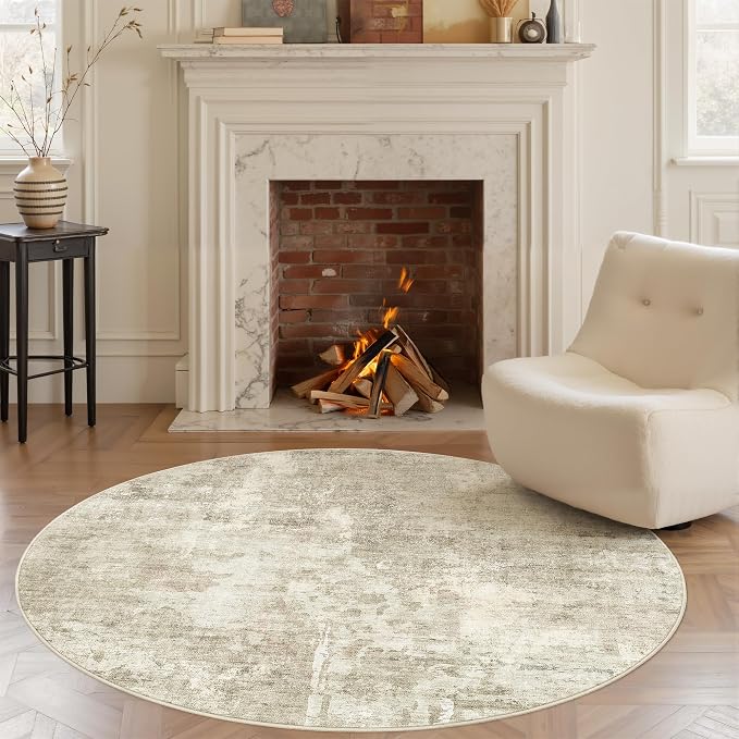 Soalmost 5x5 Beige Gray Round Rug 5ft Living Room Circle Rug Vintage Round Area