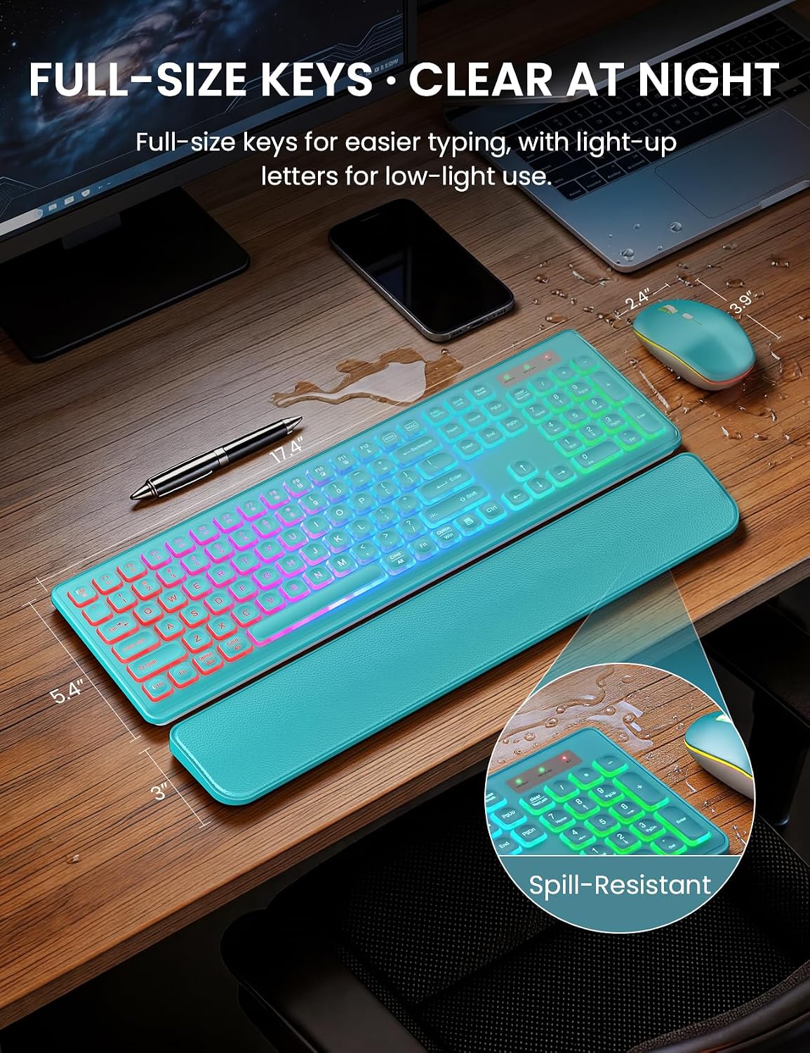 Wireless Keyboard and Mouse Combo, RGB Backlit, Wirst Rest, Rechargeable