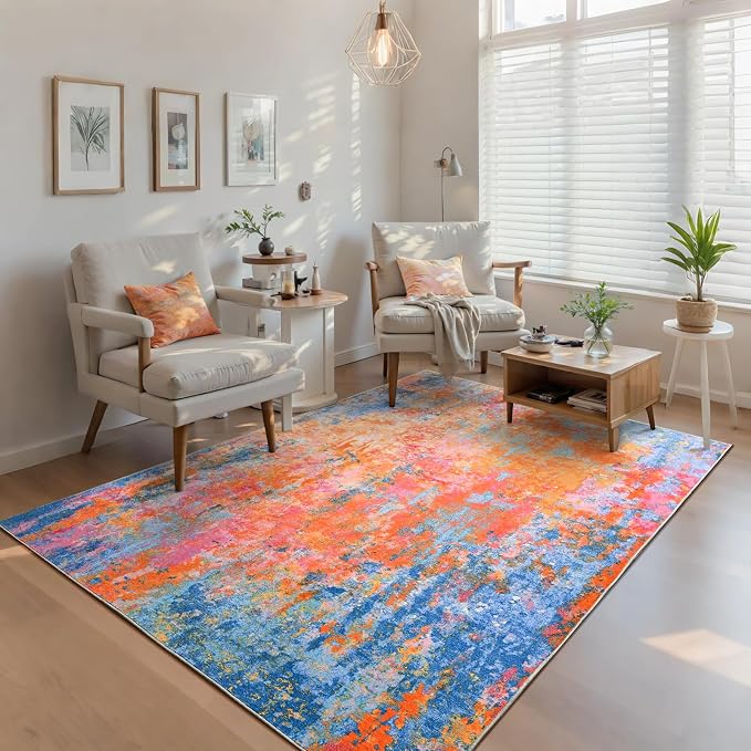 Ompaa Living Room Rug 5x7 Rainbow Area Rugs Washable Boho Colorful Rug Non Slip