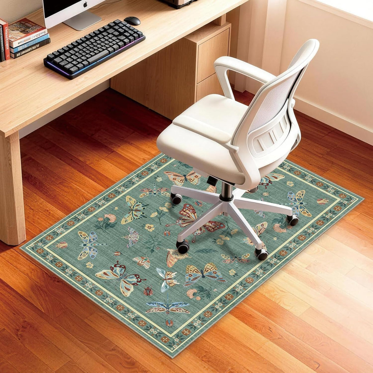 Chair Mat for Hardwood Floor,48"*36" Easy Glide Computer Chair Mat for Hard Wood and Tile Floor,Anti-Slip Floor Protector for Home Office Green Flower Bird