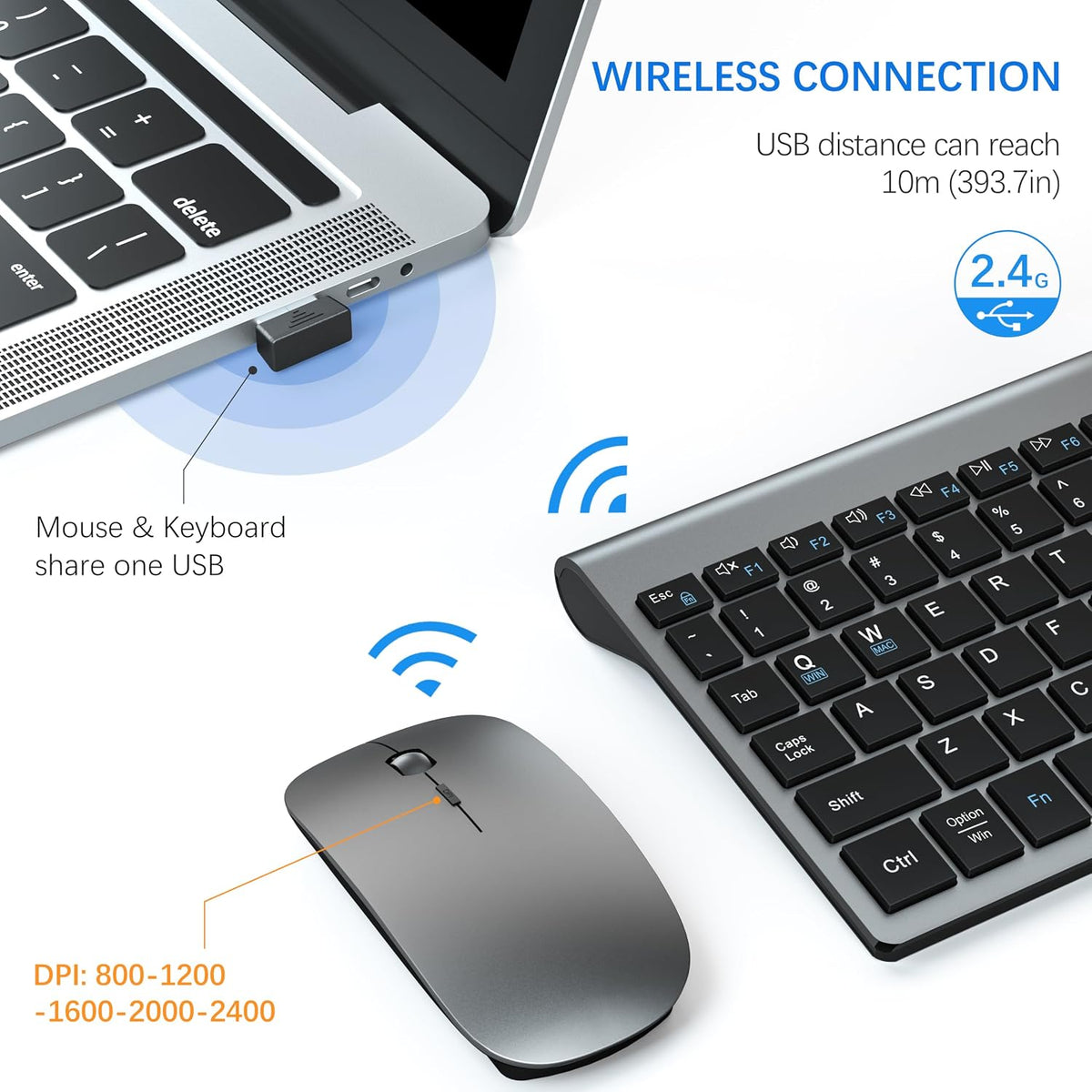 Wireless Keyboard and Mouse Ultra Slim Combo with Dual System - Gray Black