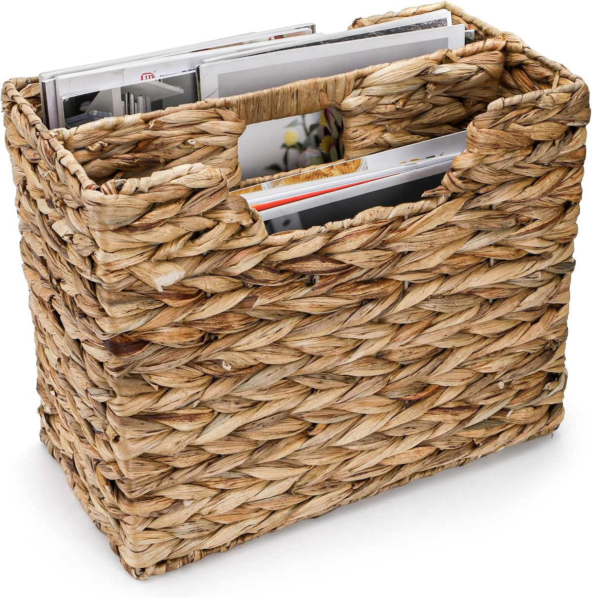Yesland Hand-Woven Magazine Basket 14.5"x8"x11.75" - Natural Water Hyacinth Wicker Storage Organizer with Handle, 2 Compartments for Home Office Desk