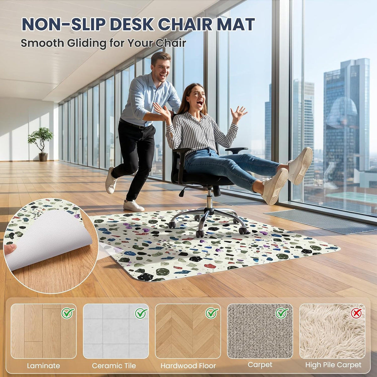 Office Chair Mat for Carpet Patterned PVC Non-Slip “35x48” Hardwood Floor