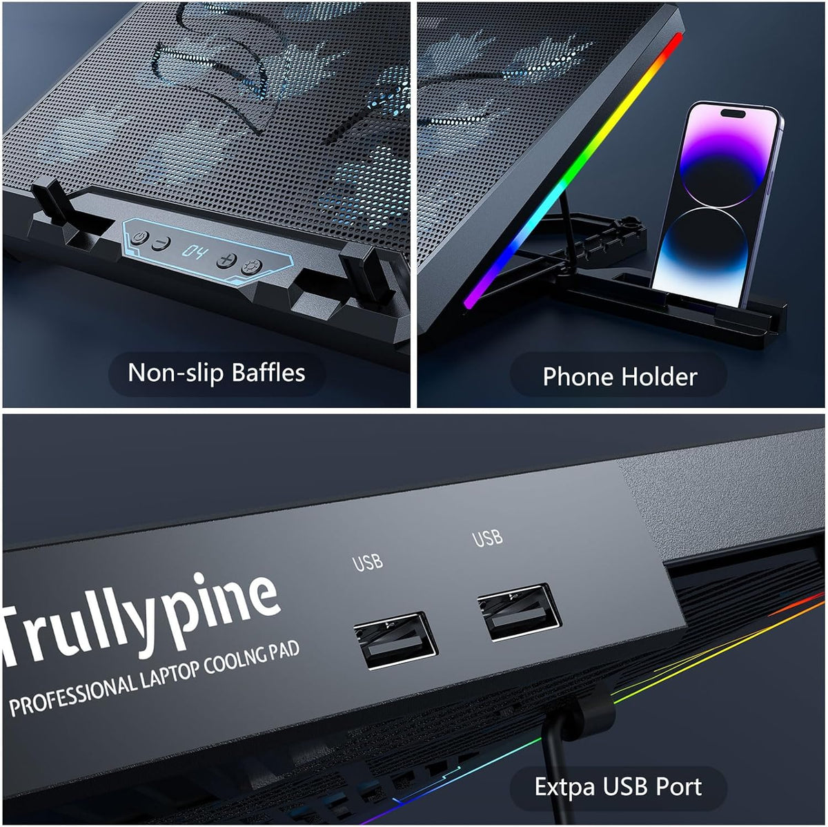 Laptop Cooling Pad with 12 Quiet Fans, Slim Portable for 12-17.3 Inch Laptop Cooler Stand, RGB Lighting, with 5 Height Adjustable, Gaming Cooling Fan Pad,Two USB Ports, Phone Holder (LCD)