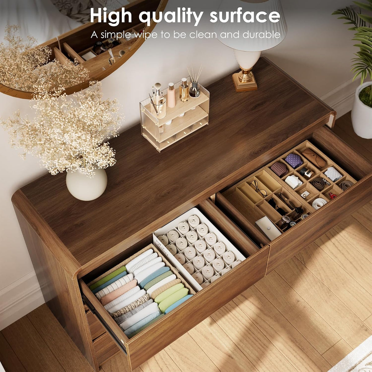 6 Drawer Dresser, 47" Wide Walnut Dresser Wooden Dresser for Bedroom
