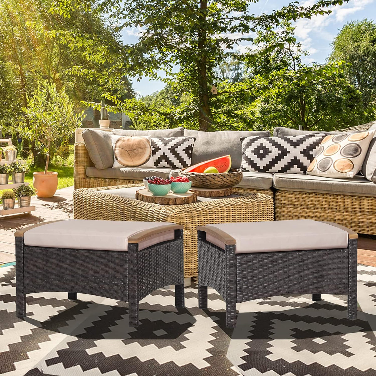 RELAX4LIFE Outdoor Wicker Ottomans for Patio - 2 Pieces PE Rattan Ottoman, Footrest Seat with Zippered Cushions, Acacia Wood Handles, 3-in-1 Footstool, Side Table for Poolside, Backyard (Brown)