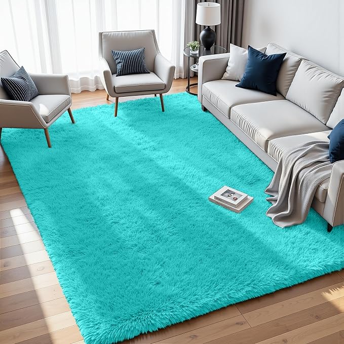 6x9 Area Rugs for Living Room Rug: Soft Fluffy Shag Teal Blue Rugs for Bedroom