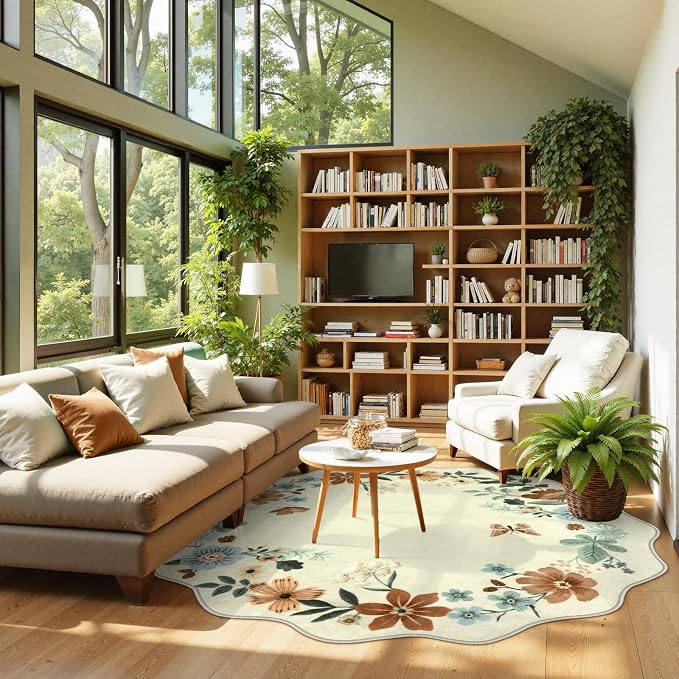 Lahome Floral Washable Round Area Rug, Round Rug 5ft Soft Non-Slip,