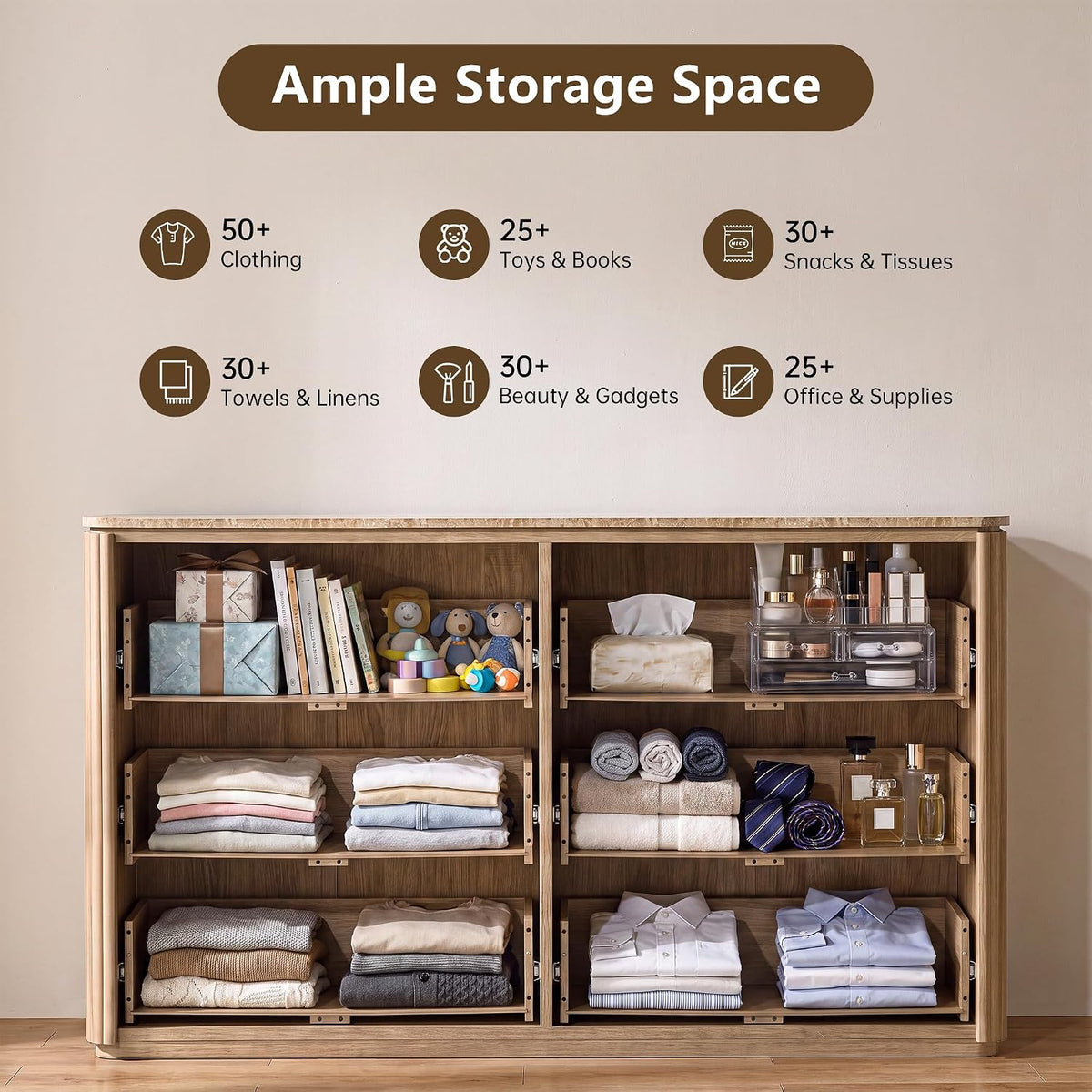 54"W Fluted 6 Drawer Bedroom Dresser, with Faux Marble Top,Natural Oak
