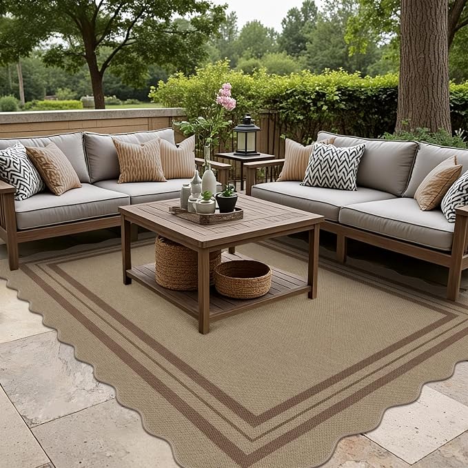 Scalloped 5x7 Rug for Living Room, Easy Jute Washable Outdoor Patio Carpet