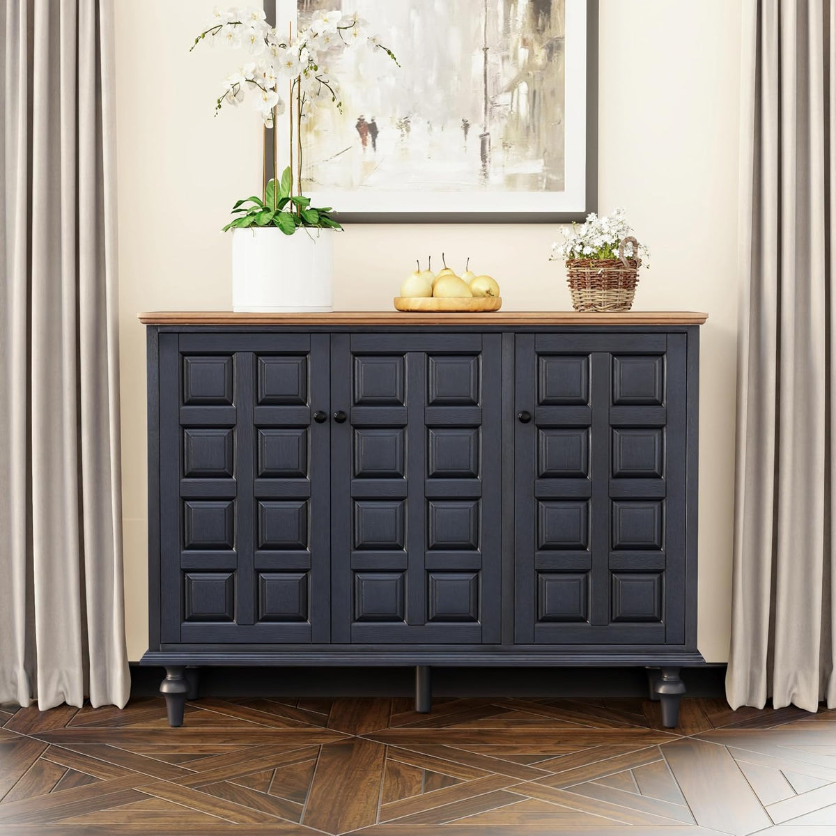 Aoikax Retro 3 Door Storage Cabinet X 2P with Plaid Pattern Front