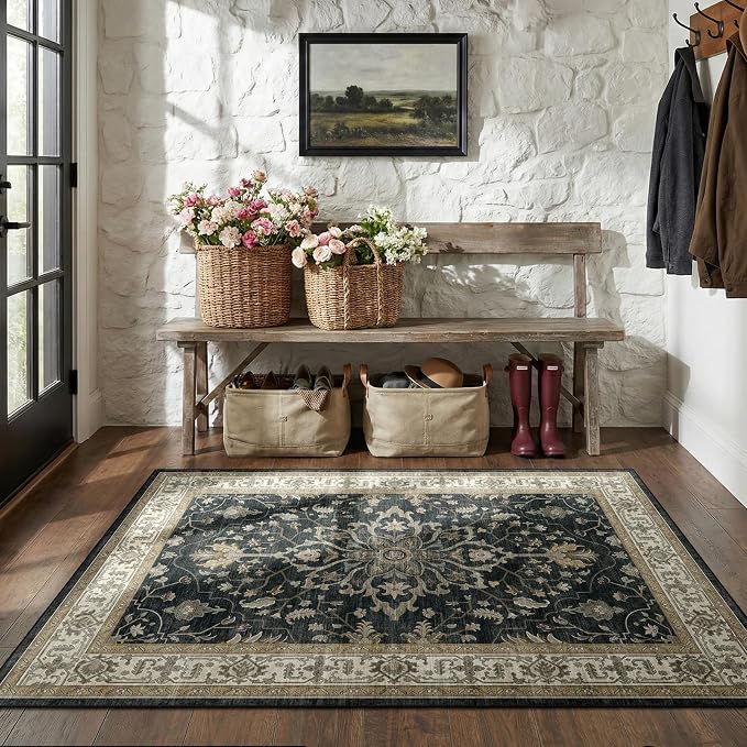 RELEANY Area Rugs 3'x5' Washable Non-Slip, Floral Vintage Distress Medallion