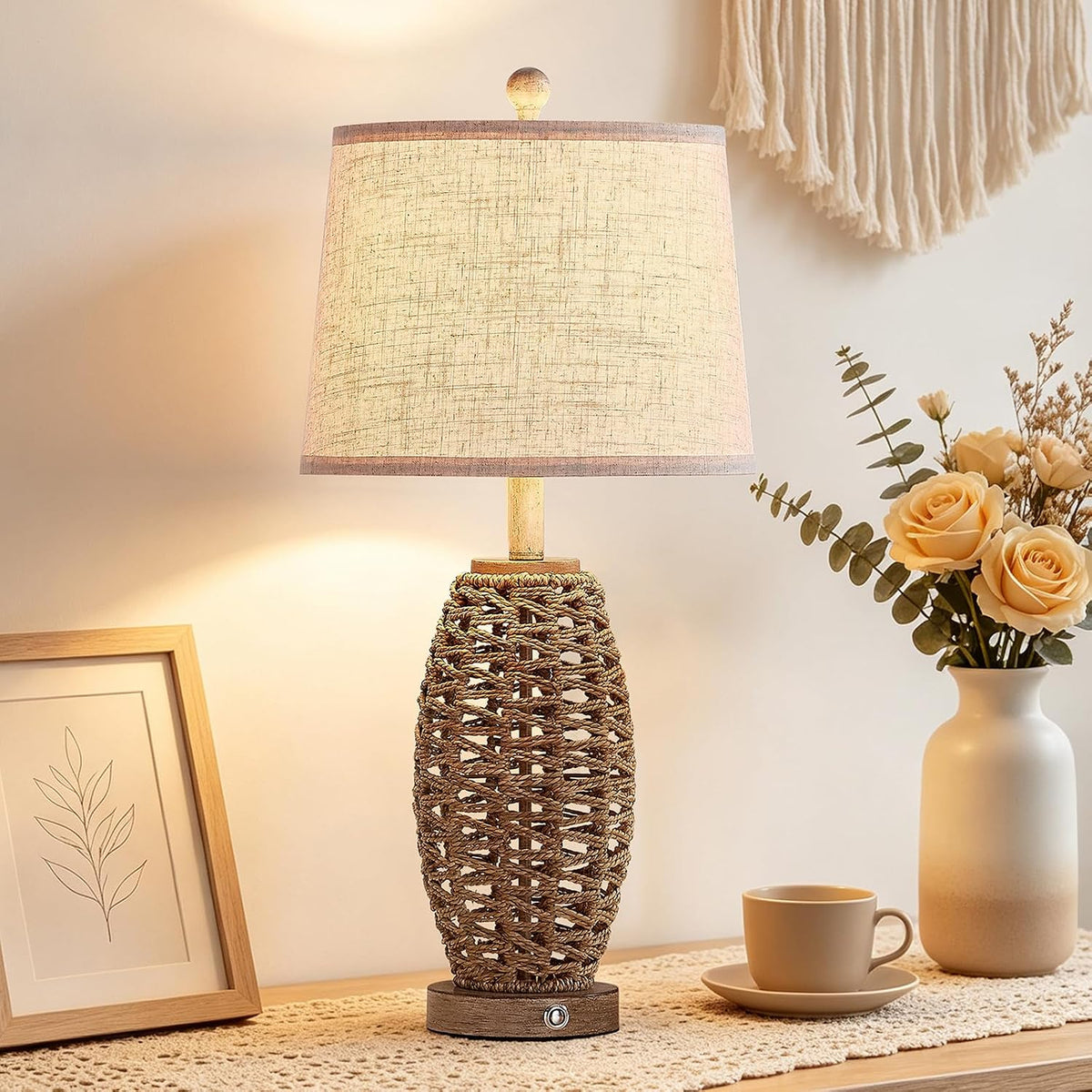 Rattan Table Lamp for Living Room, Dimmable Touch Lamp for Bedside Table in Bedroom or Office, Rustic Vintage Table Lamp with USB Ports, Farmhouse Coastal lamp (Including LED Bulbs)
