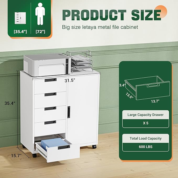 Letaya 5 Drawer Storage Cabinet, Mobile Printer Stand for Home Office,Dresser Chest with Shelves and Door(White)