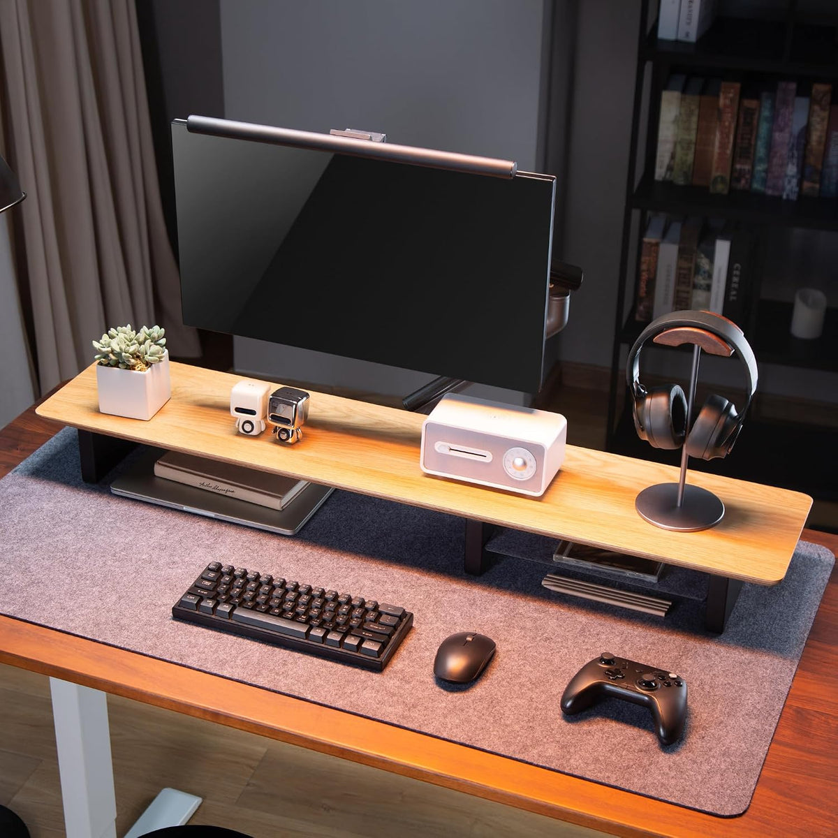 XL Oak Wood Monitor Stand for Desk (44 Inch) Large Monitor Stands for 2 Monitors, Desk Shelf for Top of Desk