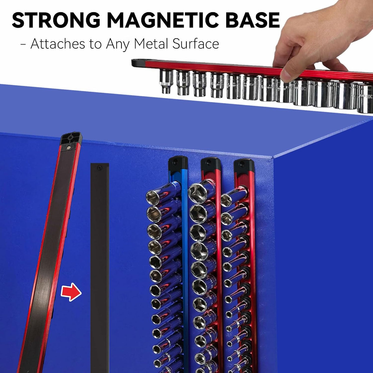 Magnetic Socket Holder Organizer 1/4" 3/8" 1/2" Socket Rail with 120 Clips
