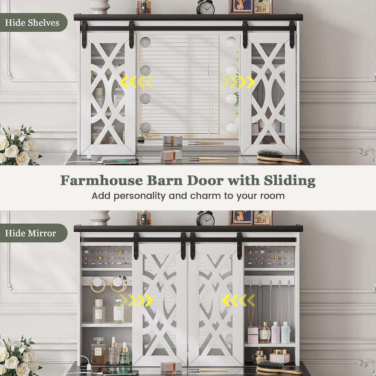 TAGELIER Farmhouse Large Makeup Vanity with Mirror & Lights
