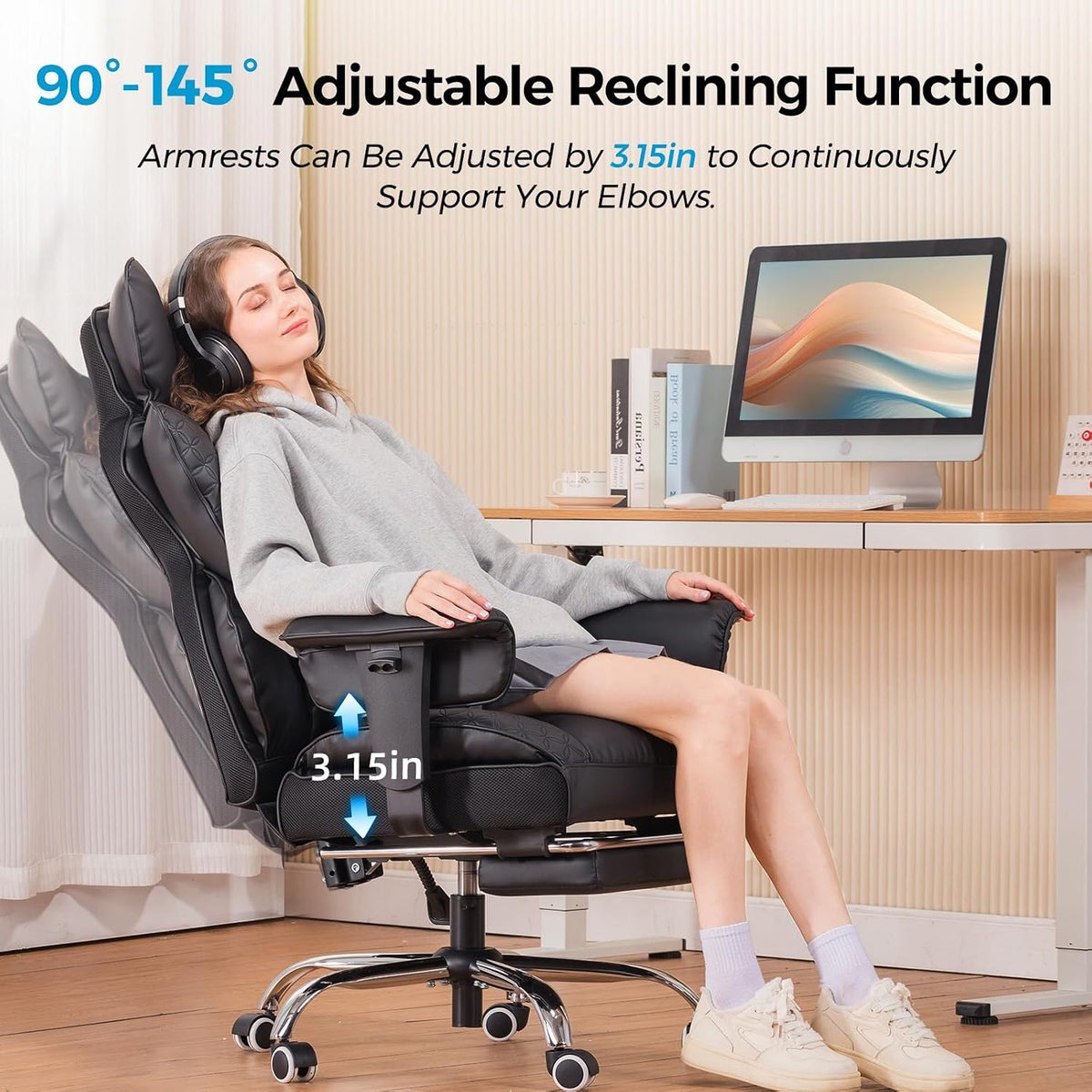 COMHOMA Big and Tall Office Chair Heavy Duty Wide Ergonomic Gaming Chair with Deluxe Embossing Leather with Foot Rest 145°Reclining Adjustable Armrests Pocket Spring Back Support and Without Pillow