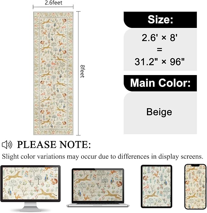 DUKINO 2.6x8 Rug for Hallway, Washable Kitchen Runner Rug