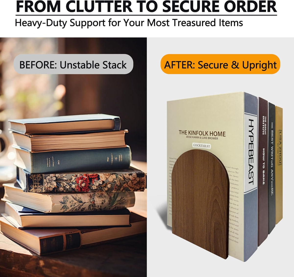 Brosisincorp Walnut Wood Large Book Ends for Shelves, Non-Skid Pad, 2 Pairs