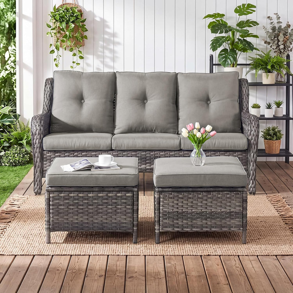Rilyson Luxury Outdoor Wicker Patio Ottomans Set of 2, 250 lbs Capacity Rattan Large Ottomans for Patio Footrest Set 22.8in*22.8in*14in with 3.5in Thick Cushion (Mixed Grey/Grey)
