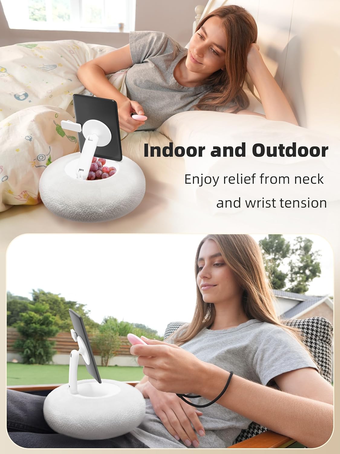 VOLTIFYMAX Magnetic Pillow Holder with Page Turner, 360° Adjustable Phone Holder for Bed, Storage Bowl for Tablet Stand with Stable Suction Base, Compatible with Kindle and Phone 4-7" Devices (White)