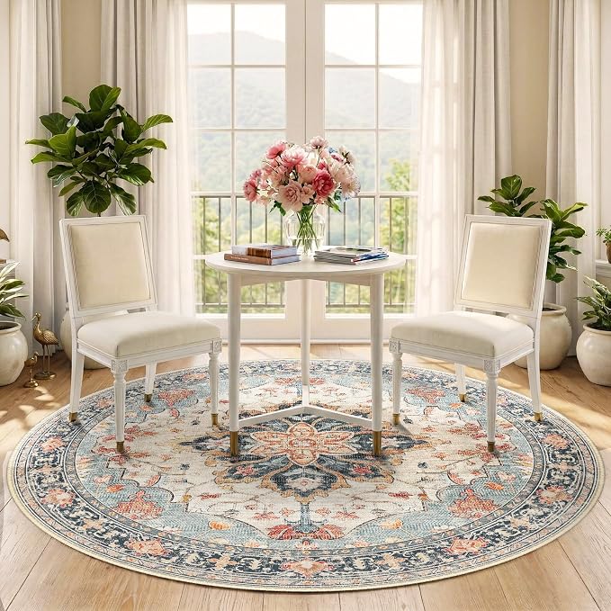 RELEANY Area Rugs Round 5ft Washable Non-Slip, Floral Vintage Distress