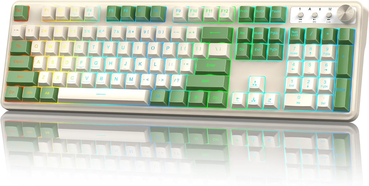 Redragon RM104 Wireless Gaming Keyboard with Knob, Tri-Mode BT/2.4G/USB-C RGB Computer Keyboards, 4000mAh Battery, Programmable Software Support, Anti-Ghosting, Compatible with PC Mac - White & Green