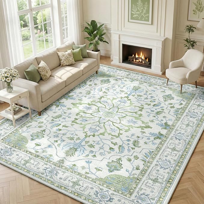 RELEANY Area Rugs Large 9'x12' Washable Non-Slip, Floral Vintage Distress