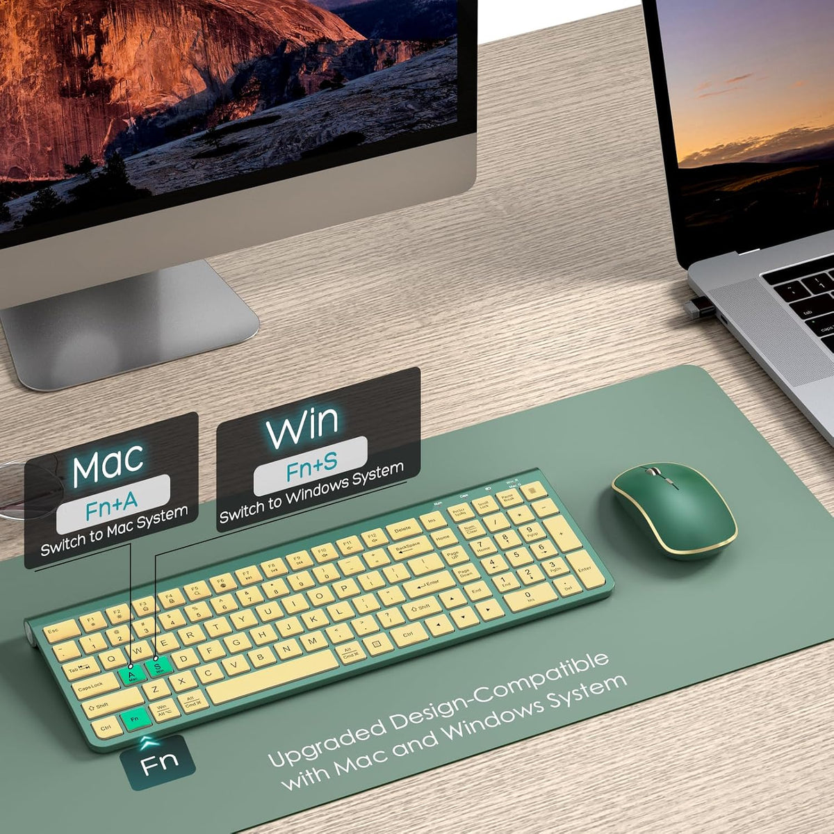 JOYACCESS Wireless Keyboard and Mouse Combo,2.4G Ergonomic Typewriter Keyboard with Type-C Receiver and Adjustable Tilt for Computer, Windows,Desktop, PC, Laptop-Cangling Green