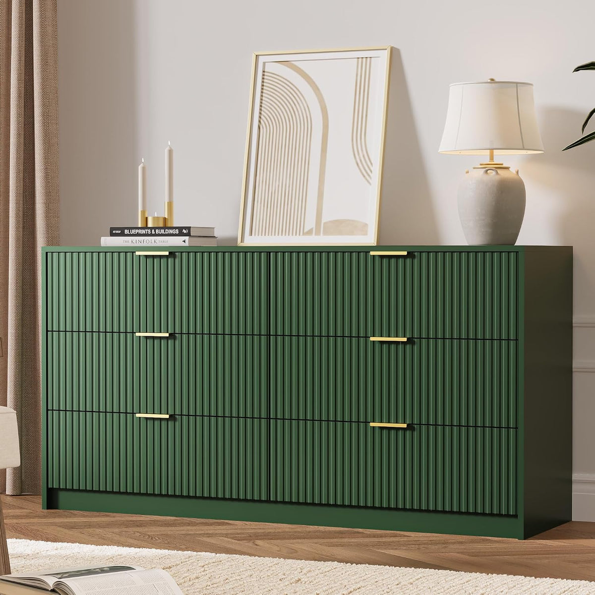 MAISONARIA 55" Wide Fluted 6-Drawer Double Dresser for Bedroom, Green