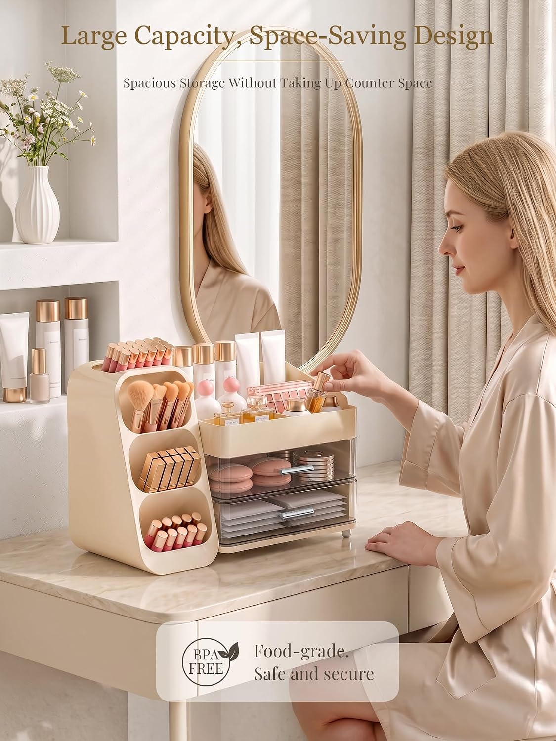 Booklov Large Makeup Organizer for Vanity Countertop, Cream