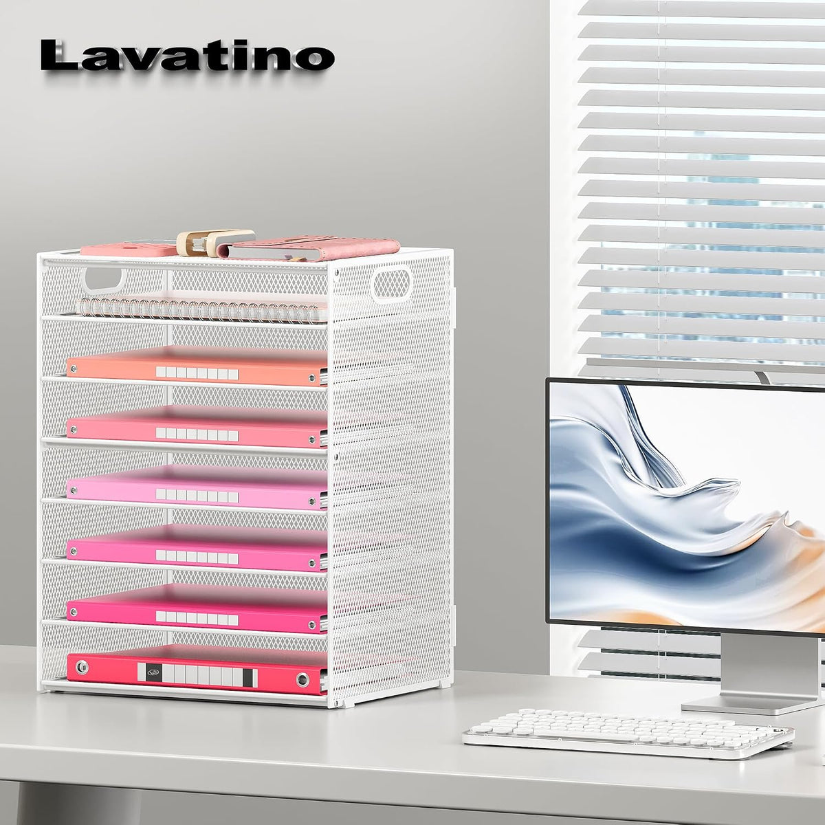 Lavatino 8-Tier Letter Tray Desk Paper Organizer, Mesh File Tray Organizer for Desk, Office Supplies & Home Organization, Fits A4 Paper, Mail, Magazines and Office Accessories (White with Handle)