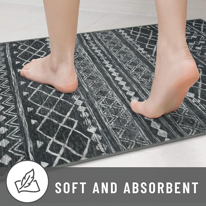 KUTA 2x6 Washable Runner Rug Non-Slip, Dark Grey Beige Moroccan Boho Rug Runner