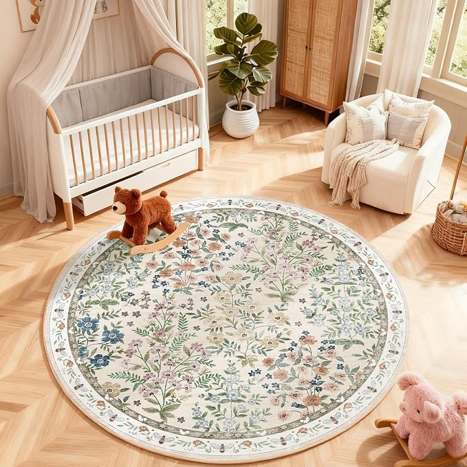 Washable Round Rugs for Bedroom 4ft: Living Room Rug Stain Resistant Non Slip