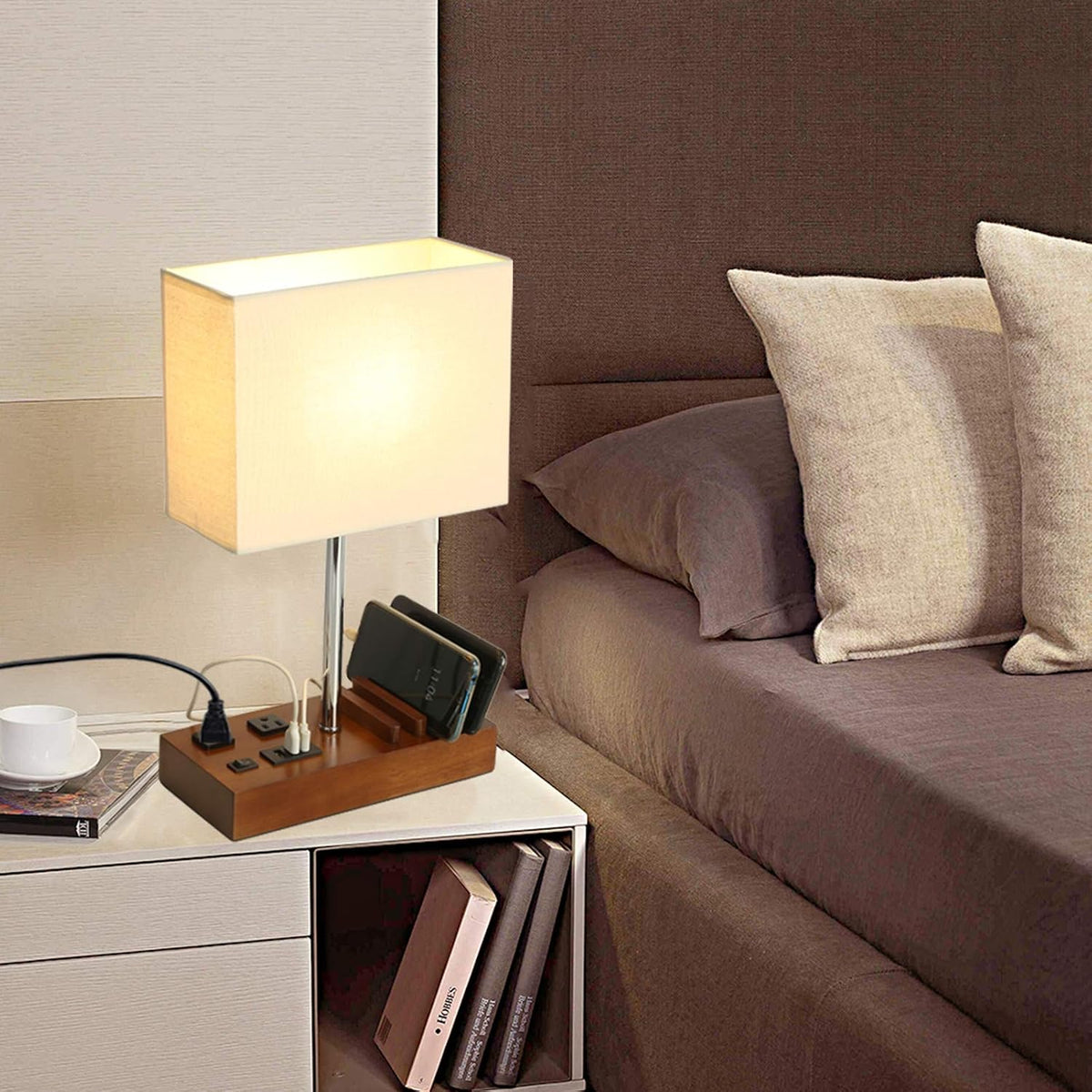Briever USB Table Lamp, Multi-Functional Desk Lamp with 2 AC Outlets, Bedside Lamp with 3 USB Charging Ports and Wooden Phone Stands, Nightstand Lamp for Bedroom, Livingroom, Office, Walnut Wood