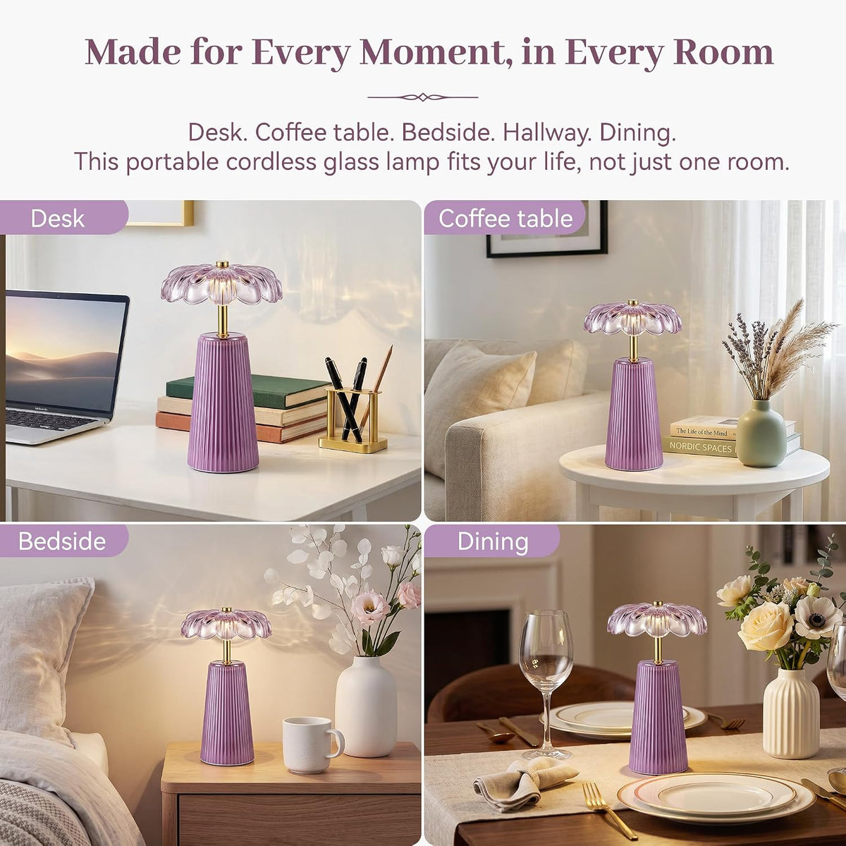 Battery Operated Lamp, Cordless Table Lamp with Timer, Purple