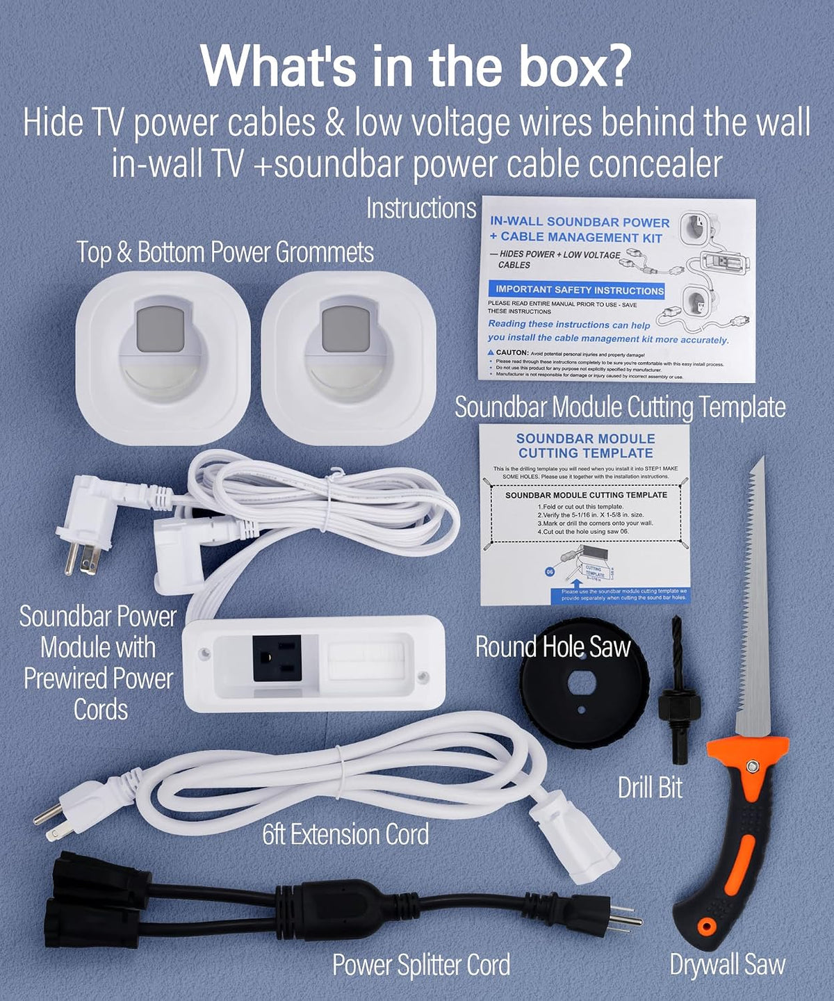 in Wall Cable Management Kit for Mounted TV & Soundbar - Cord Hider For Wall Mount TV - Powers Media Devices & Hides All Cables - Include Circle Saw & Drywall Saw, TV Cable Hider Wall Kit Easy Install