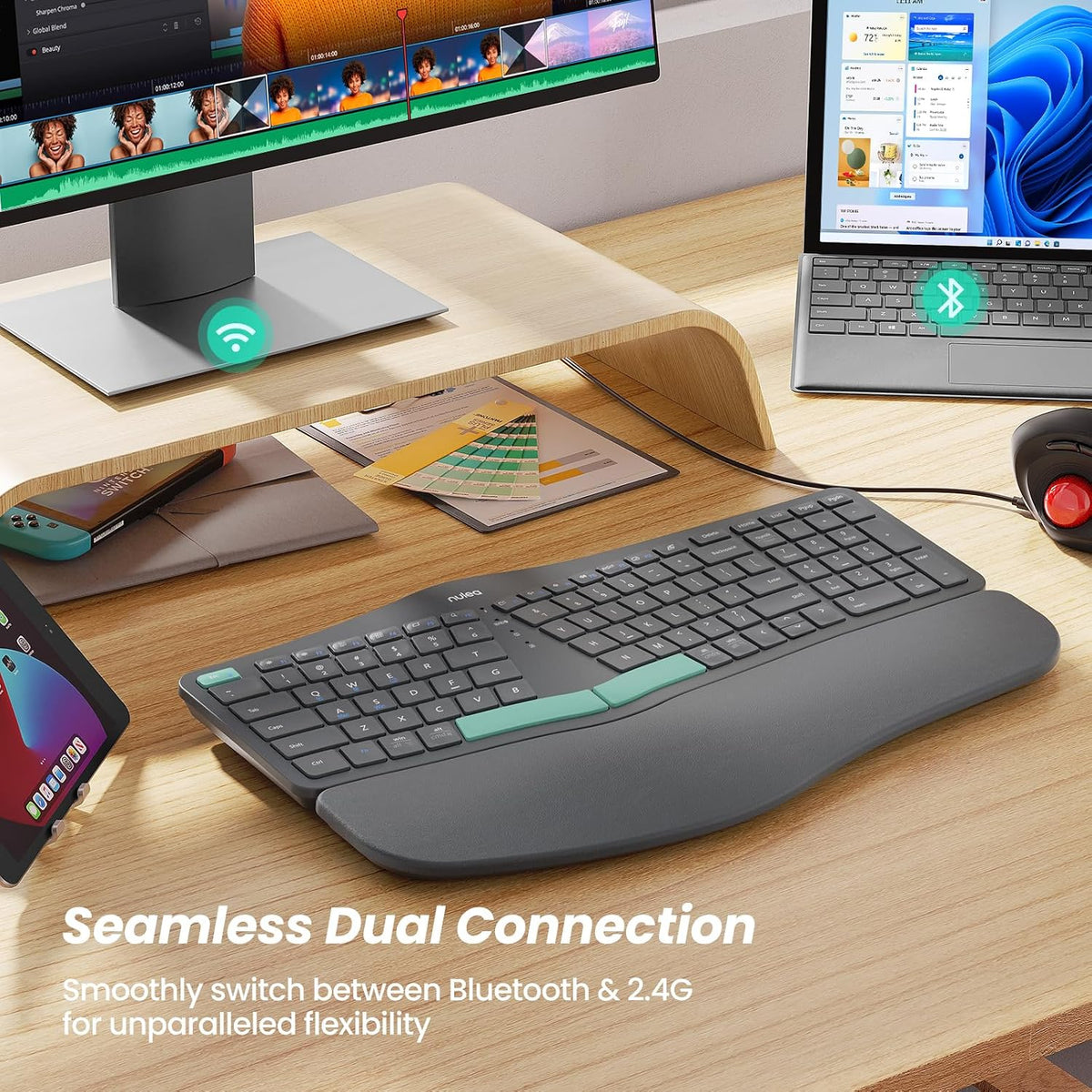 Nulea Ergonomic Split Keyboard Wireless Cushioned Wrist Rest Rechargeable