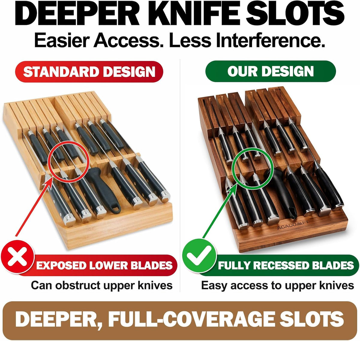 In-Drawer Knife Block without Knives, Acacia Wood Knife Drawer Organizer