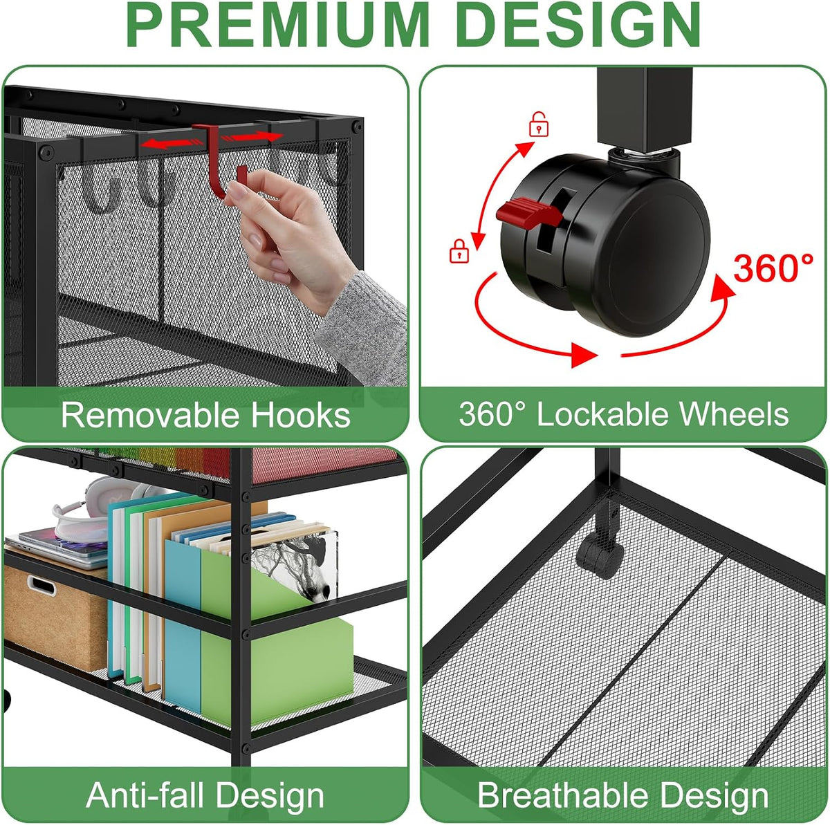 Rolling File Cart for Letter Size, Metal Hanging File Organizer with Storage Shelf, 2-Tier Mobile File Cabinet with 360° Wheels & Hooks, Under Desk Filing Cabinets for Home Office, Black