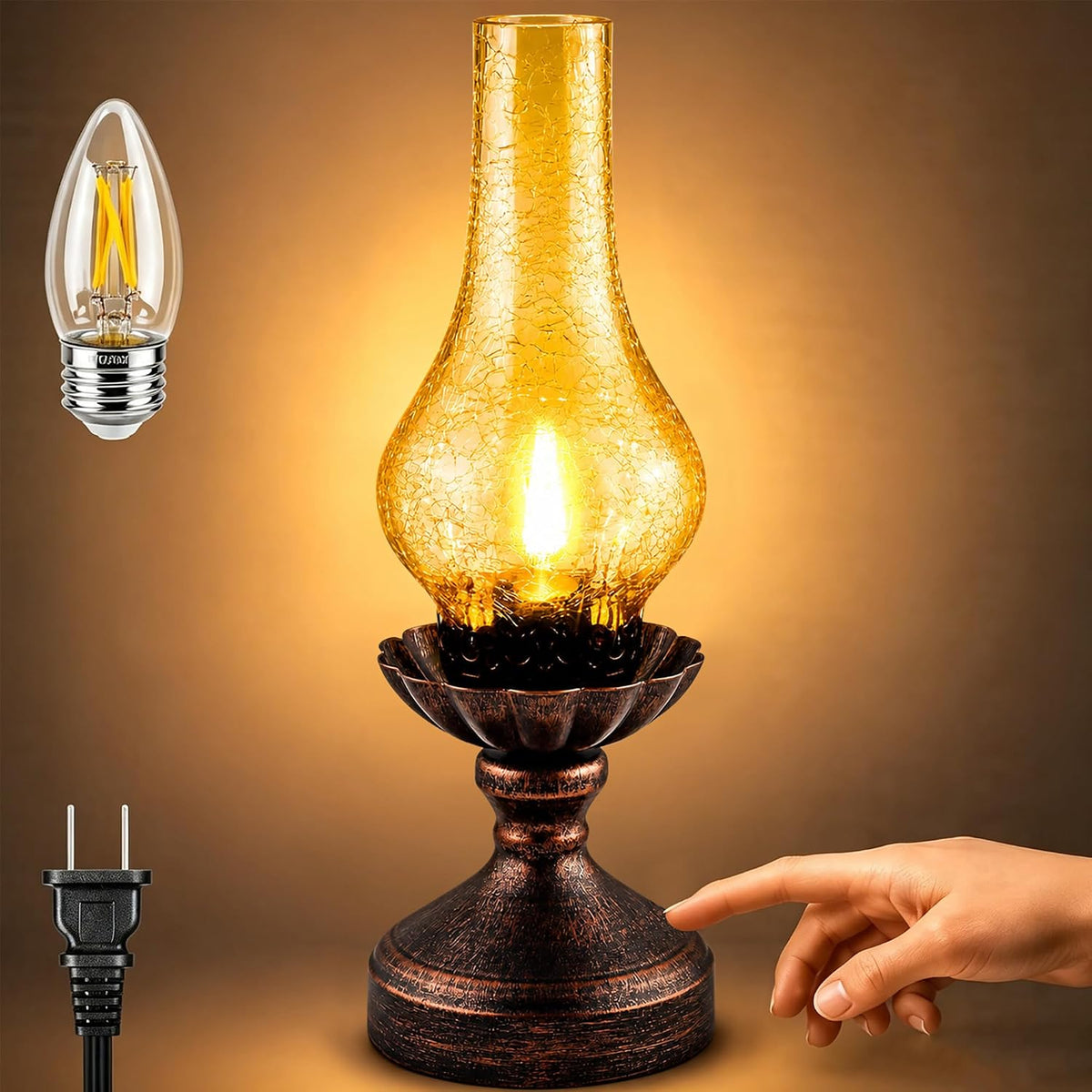 Vintage Table Lamp,Touch Control & 3-Way Dimmable Rustic Retro Farmhouse Bedside Lamp with Amber Glass Shade and LED Bulb for Bedroom, Living Room, Cabin, Office