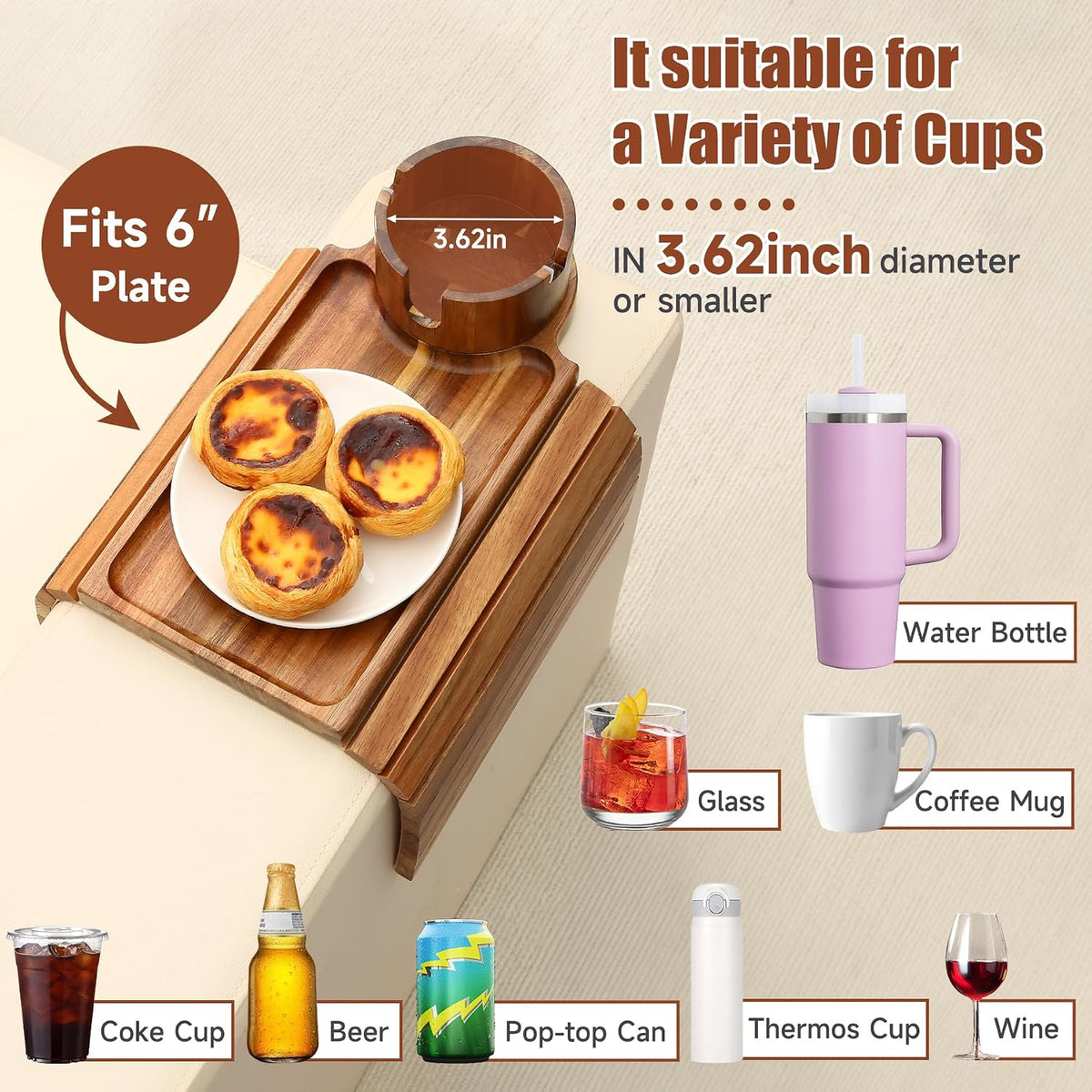 SINWANT Couch Cup Holder Tray,Fit Sofa Armrests 6.3" and Wider,Acacia