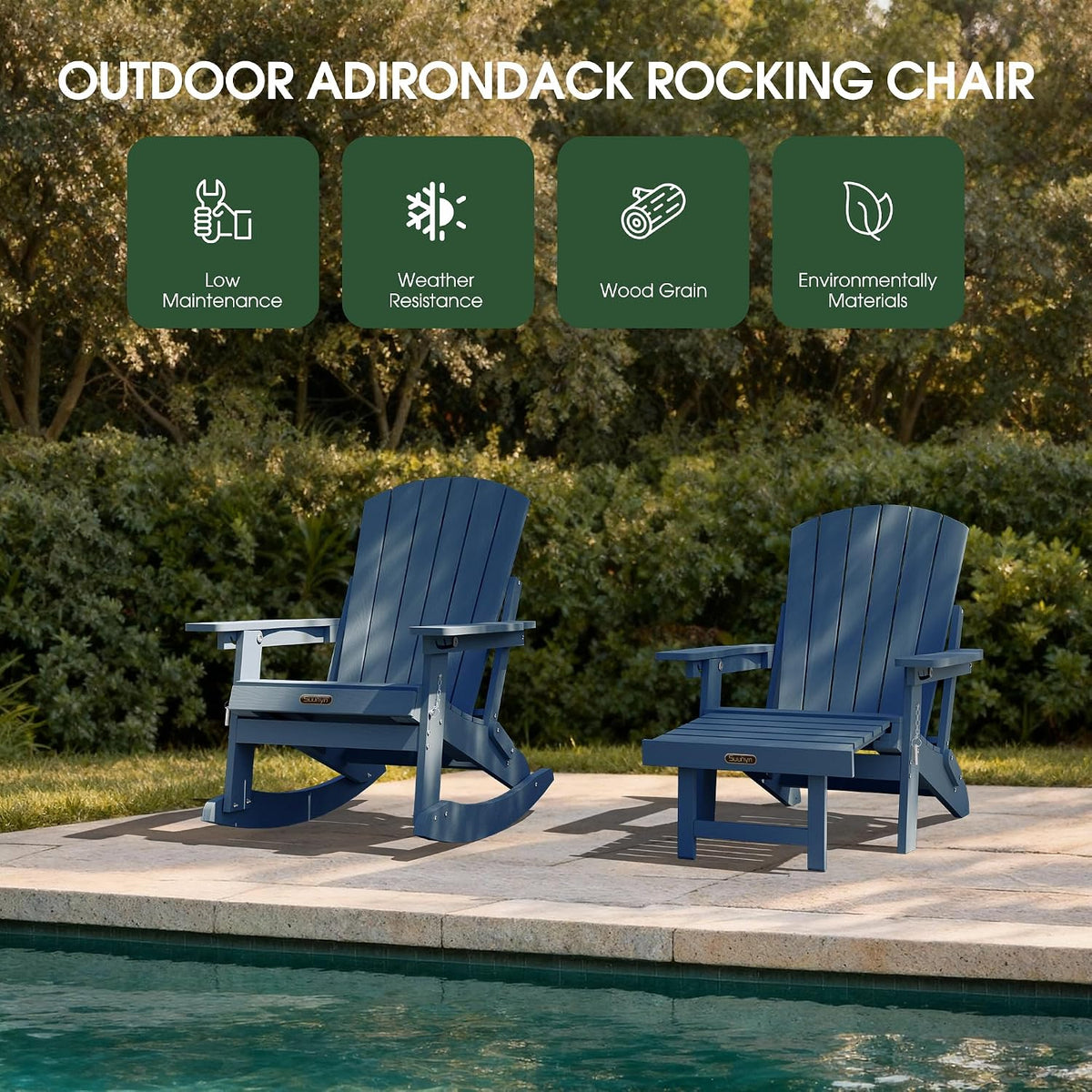 4-in-1 Rocking Adirondack Chair Set of 2, HDPE, Footrest, Navy Blue