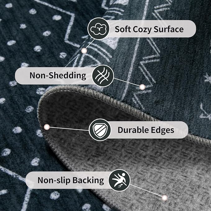 SERISSA 2x5 Kitchen Runner Rug, Washable Non-Slip Grey Boho Rug, Soft Low-Pile