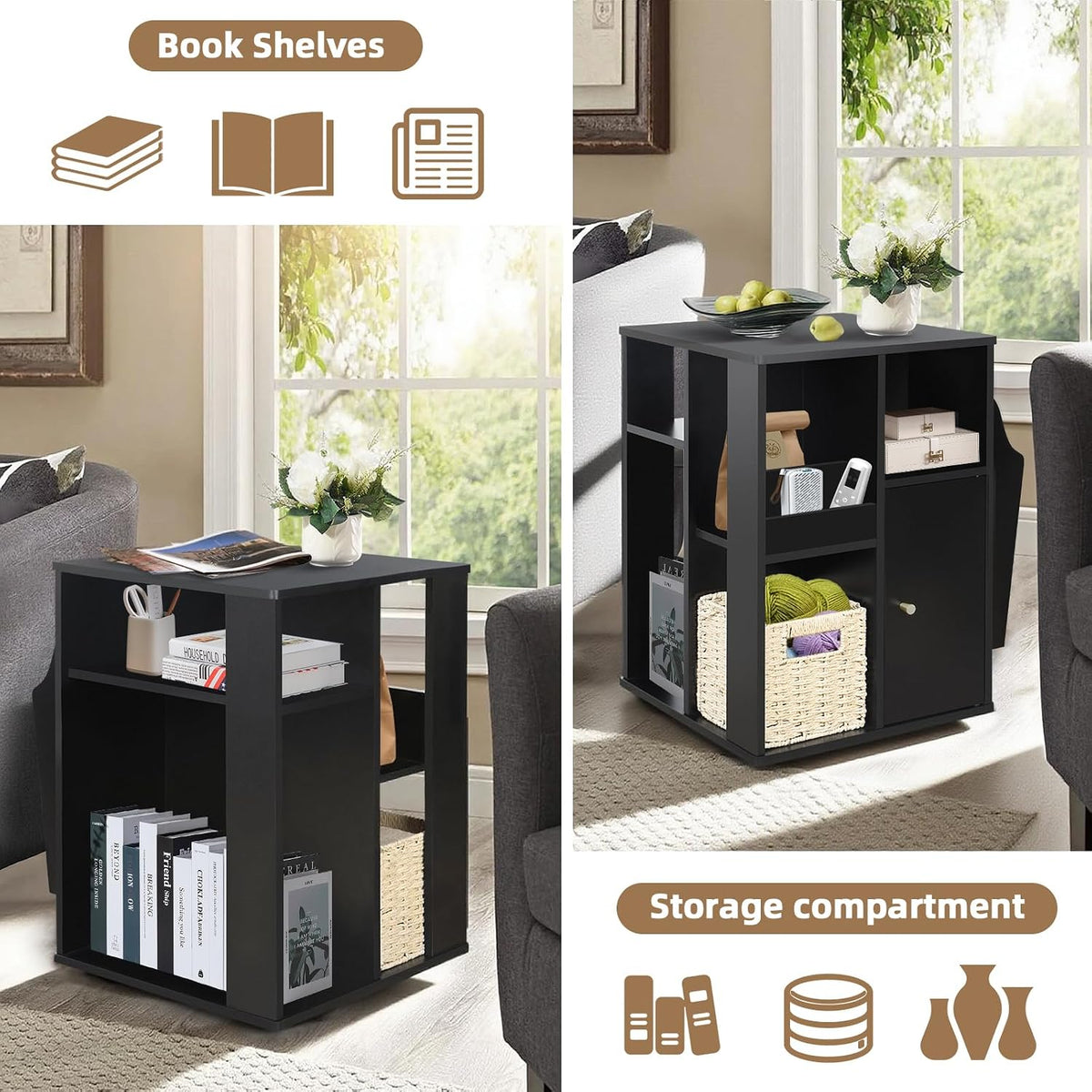 Square Rotating End Table with Storage, 16"D x 16"W x 23.3"H, Black