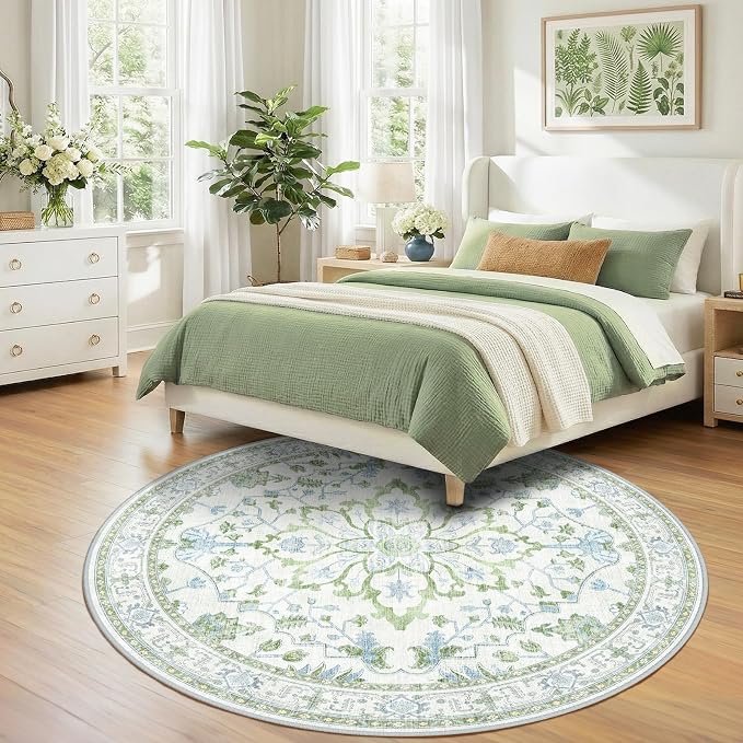 RELEANY Area Rugs Round 7ft Washable Non-Slip, Floral Vintage Distress