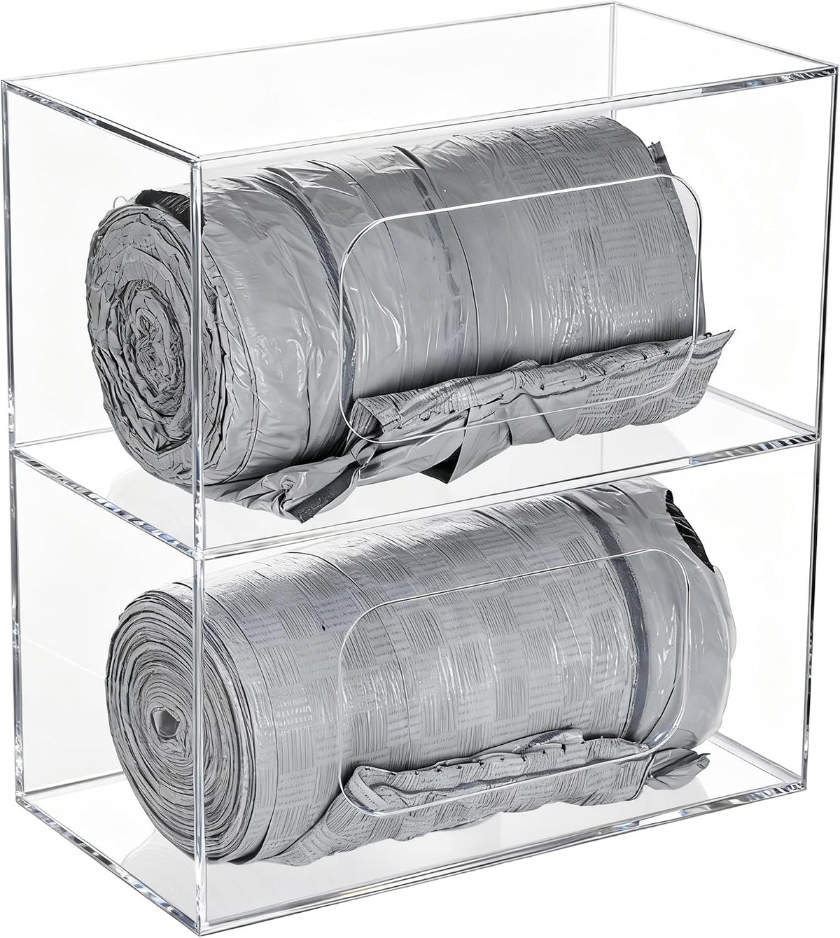 SEANADO Trash Bag Dispenser Roll Holder, 2 Compartment Wall Mount Acrylic Kitchen Double Side Loaded Organizer Storage Box Holder for Garbage and Grocery Bags (10.4 x 5.5 x 11inches)